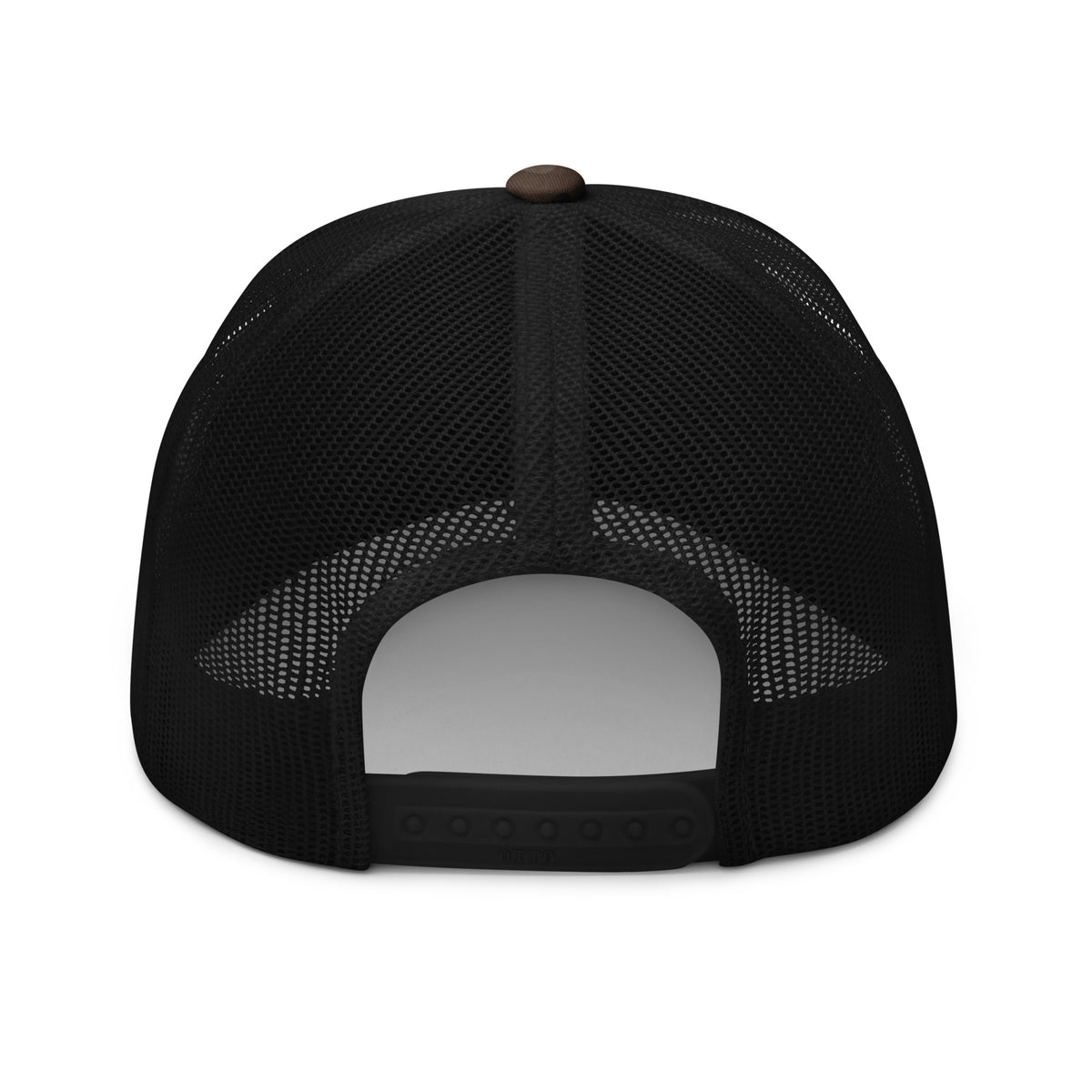 Elixir Sauce Co camouflage trucker hat in Camo and Black, back view [color:camo-black]
