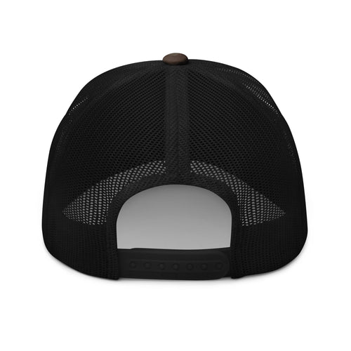 Elixir Sauce Co camouflage trucker hat in Camo and Black, back view [color:camo-black]