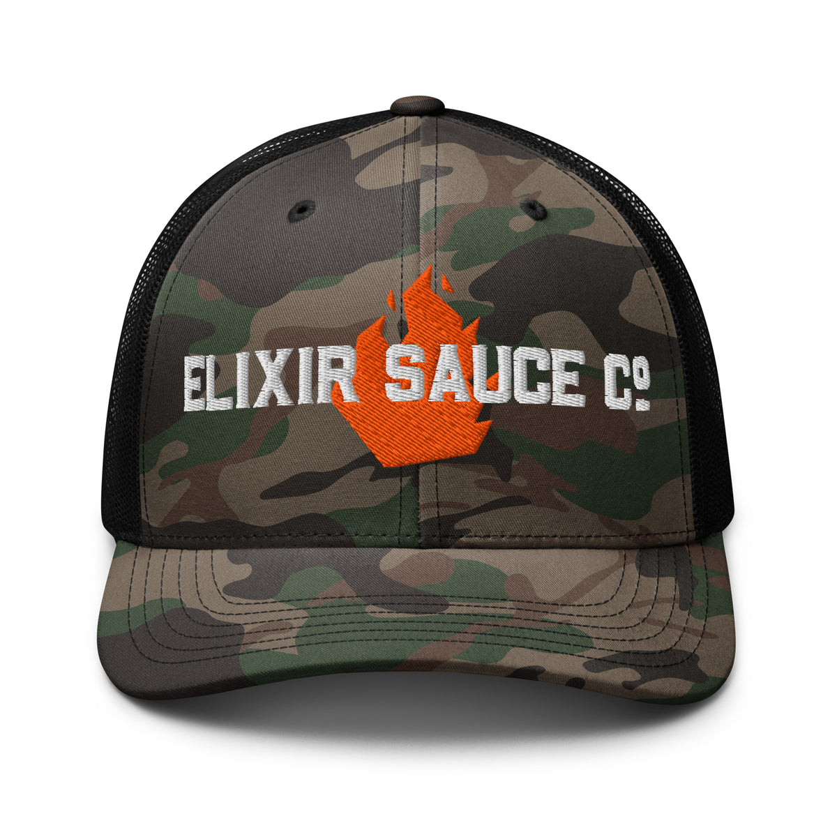 Elixir Sauce Co camouflage trucker hat in Camo and Black, front view