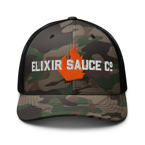 Elixir Sauce Co camouflage trucker hat in Camo and Black, front view