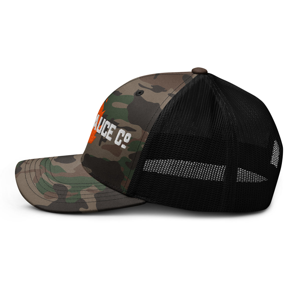 Elixir Sauce Co camouflage trucker hat in Camo and Black, left side view [color:camo-black]