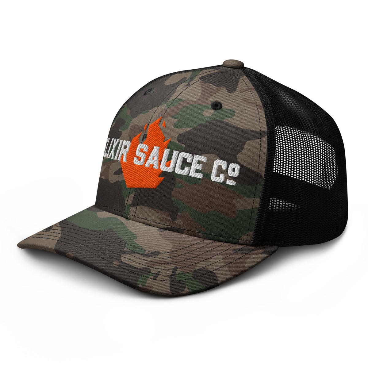 Elixir Sauce Co camouflage trucker hat in Camo and Black, left three-quarter front view [color:camo-black]