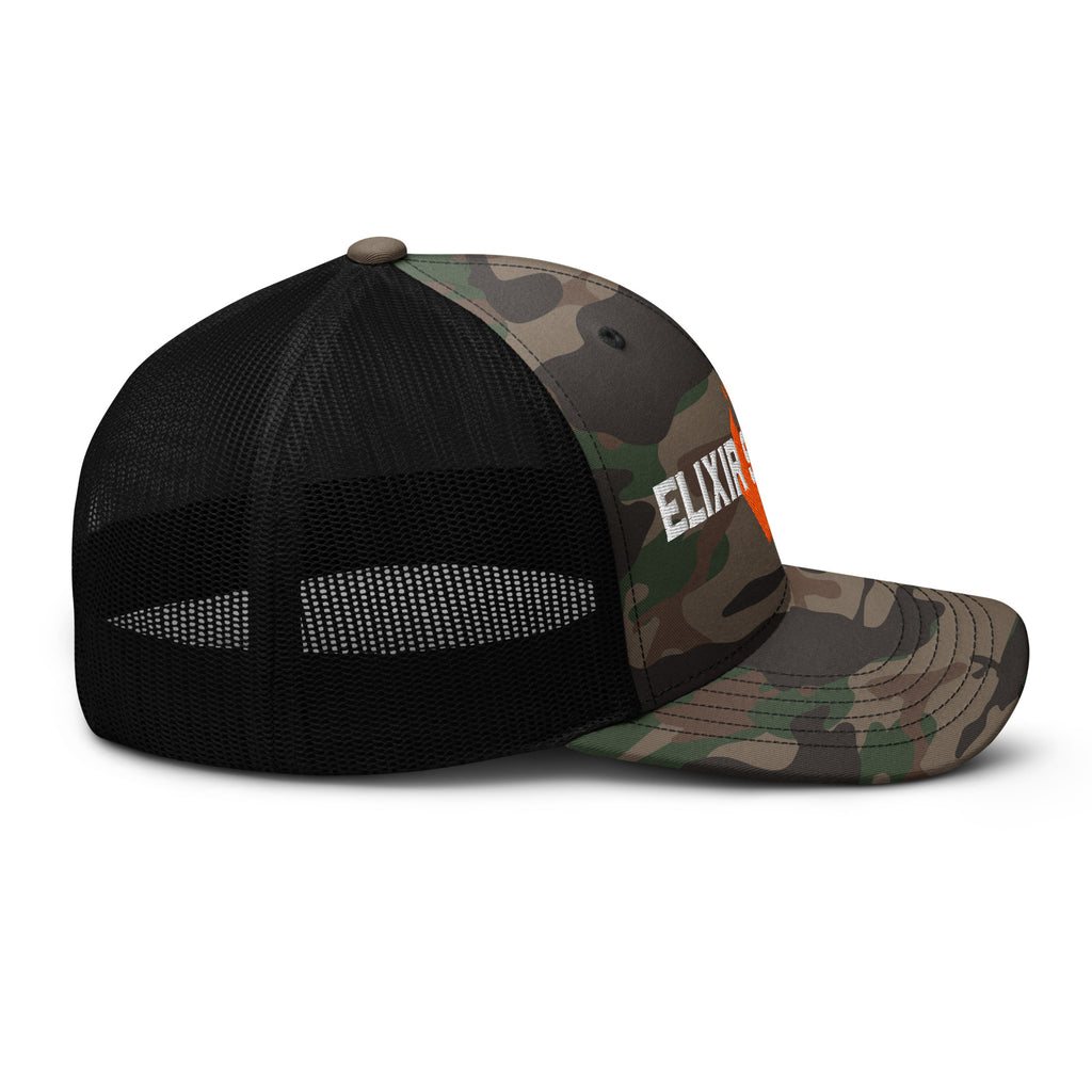 Elixir Sauce Co camouflage trucker hat in Camo and Black, right side view [color:camo-black]