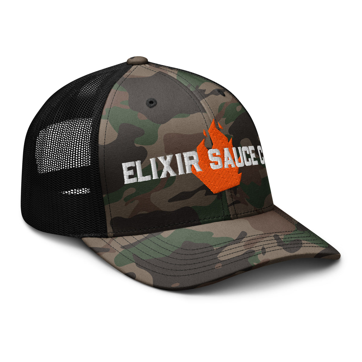 Elixir Sauce Co camouflage trucker hat in Camo and Black, right three-quarter front view [color:camo-black]