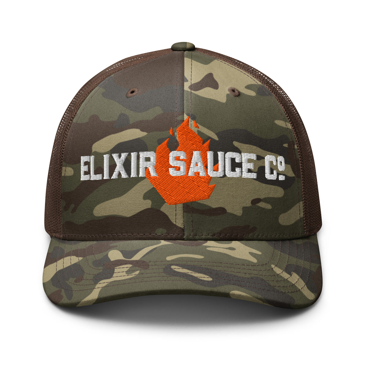 Elixir Sauce Co camouflage trucker hat in Camo and Brown, front view