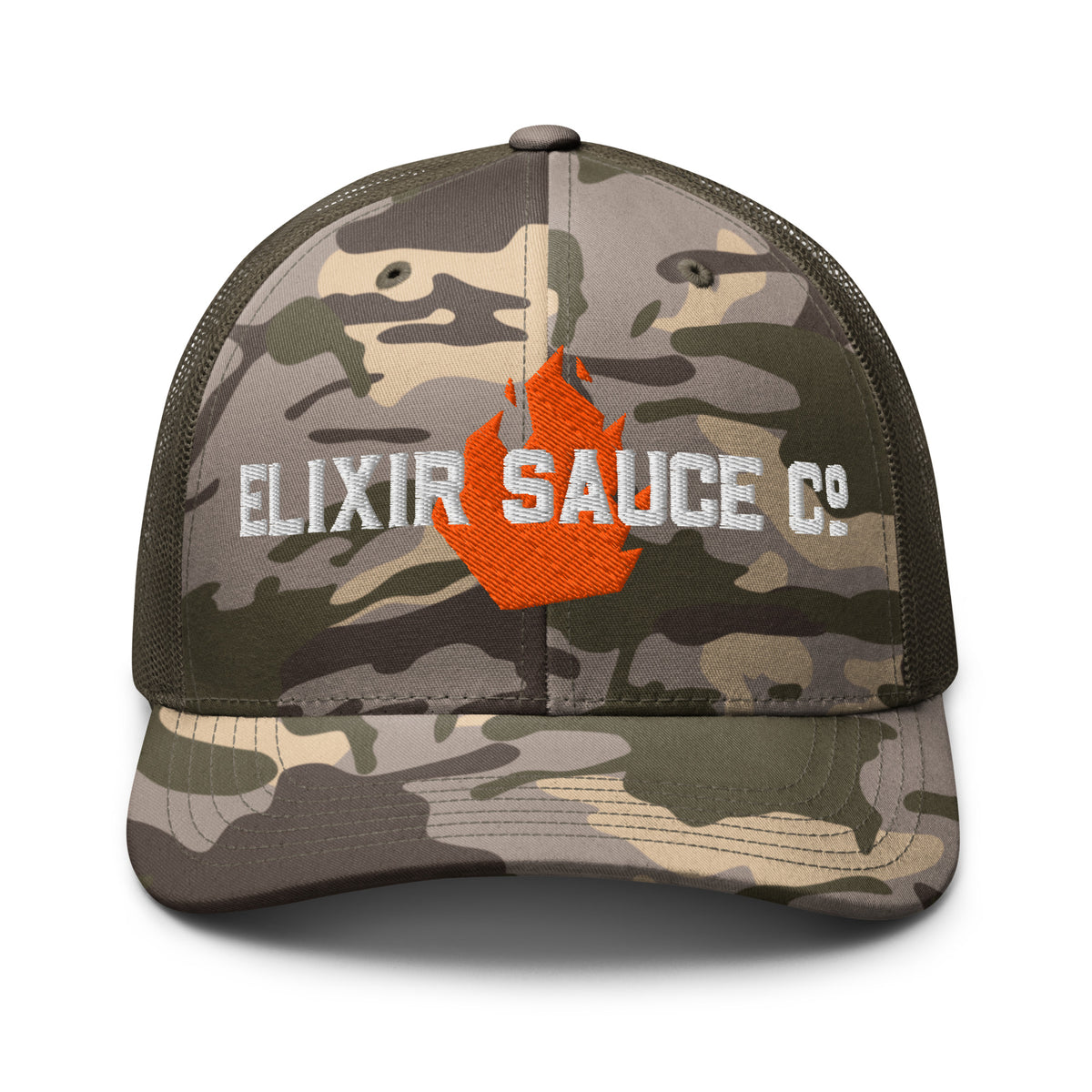 Elixir Sauce Co camouflage trucker hat in Camo and Olive, front view