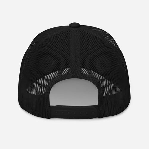 Elixir Sauce Co trucker hat in Black, back view [color:black]