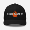 Elixir Sauce Co trucker hat in Black with embroidered flame logo, front view