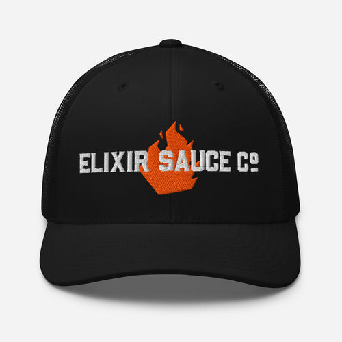 Elixir Sauce Co trucker hat in Black with embroidered flame logo, front view