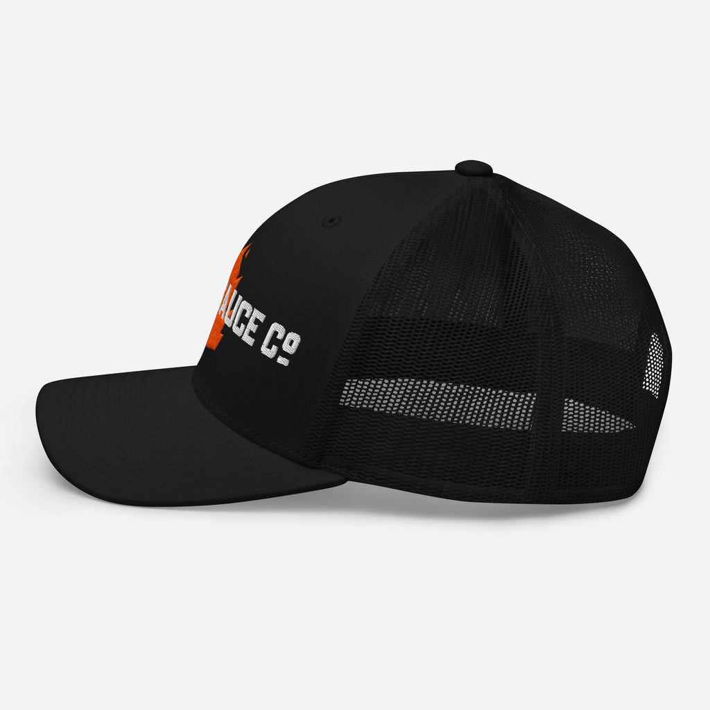 Elixir Sauce Co trucker hat in Black, left side view [color:black]