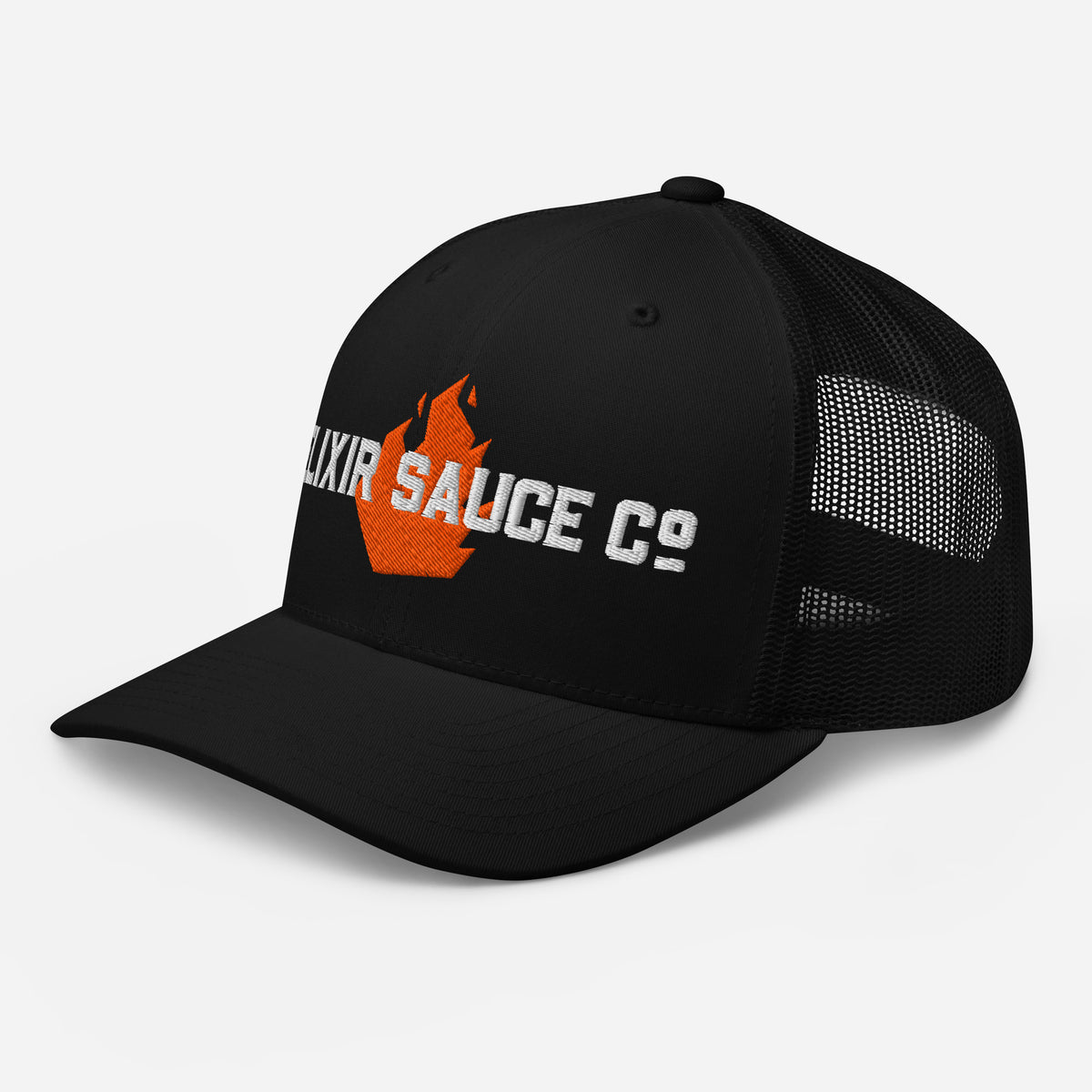 Elixir Sauce Co trucker hat in Black, left three-quarter front view [color:black]