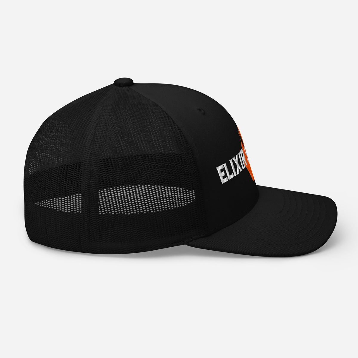 Elixir Sauce Co trucker hat in Black, right side view [color:black]