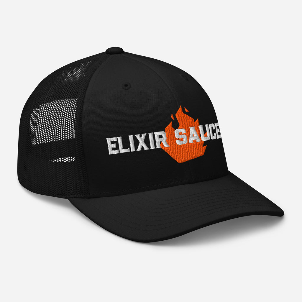 Elixir Sauce Co trucker hat in Black, right three-quarter front view [color:black]