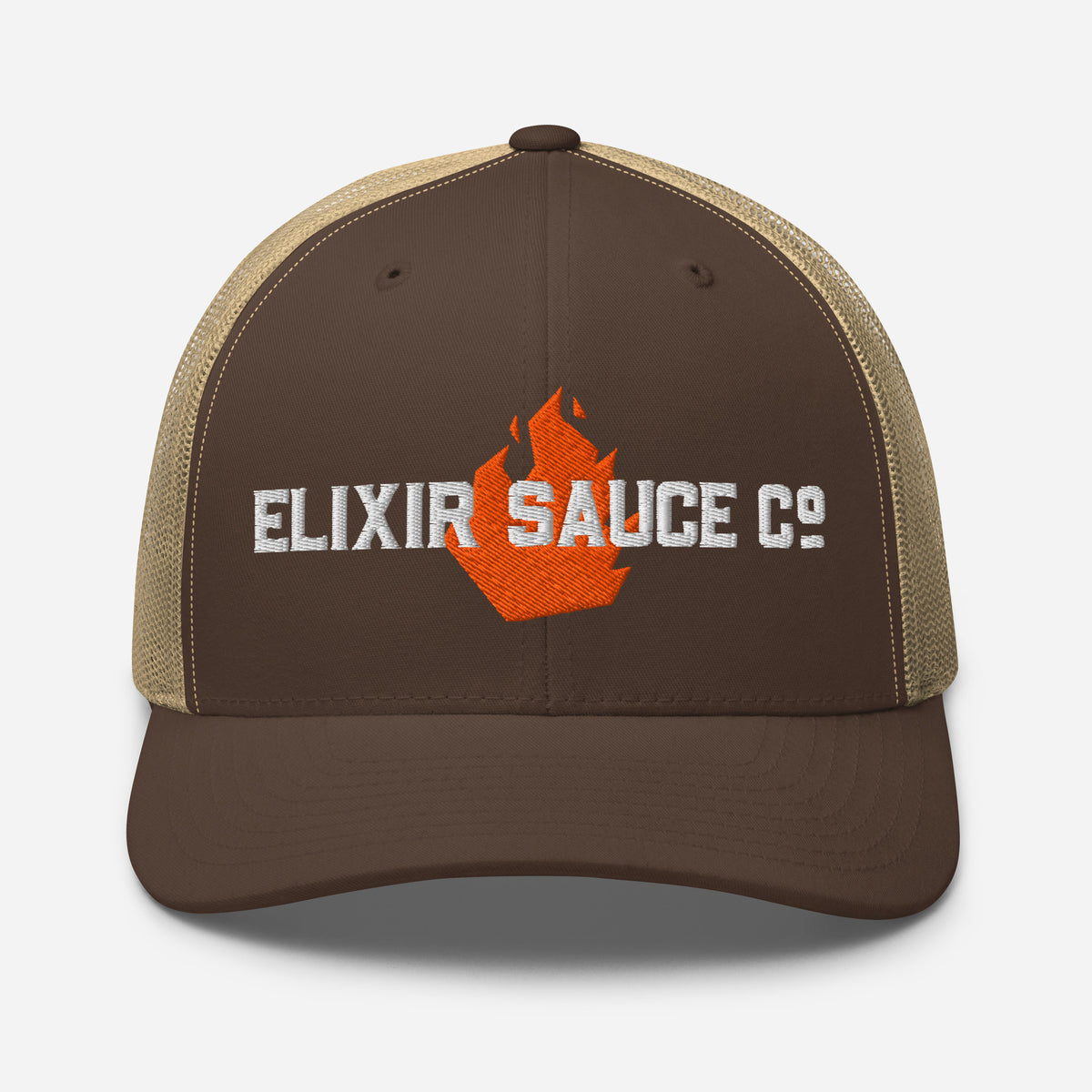 Elixir Sauce Co trucker hat in Brown and Khaki with embroidered flame logo, front view