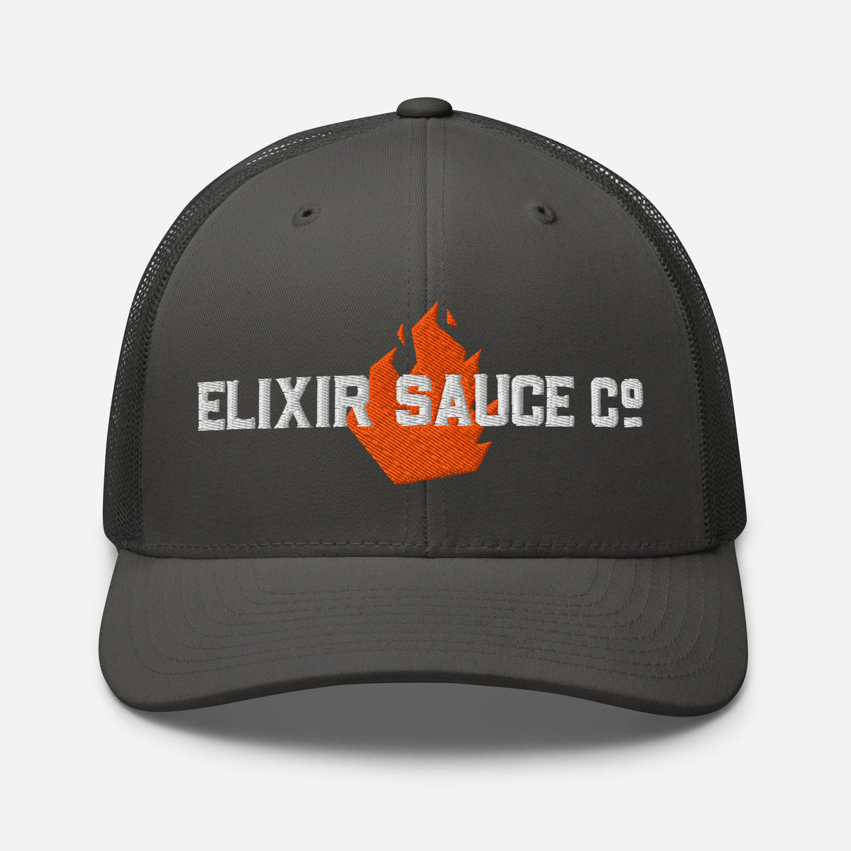 Elixir Sauce Co trucker hat in Charcoal with embroidered flame logo, front view