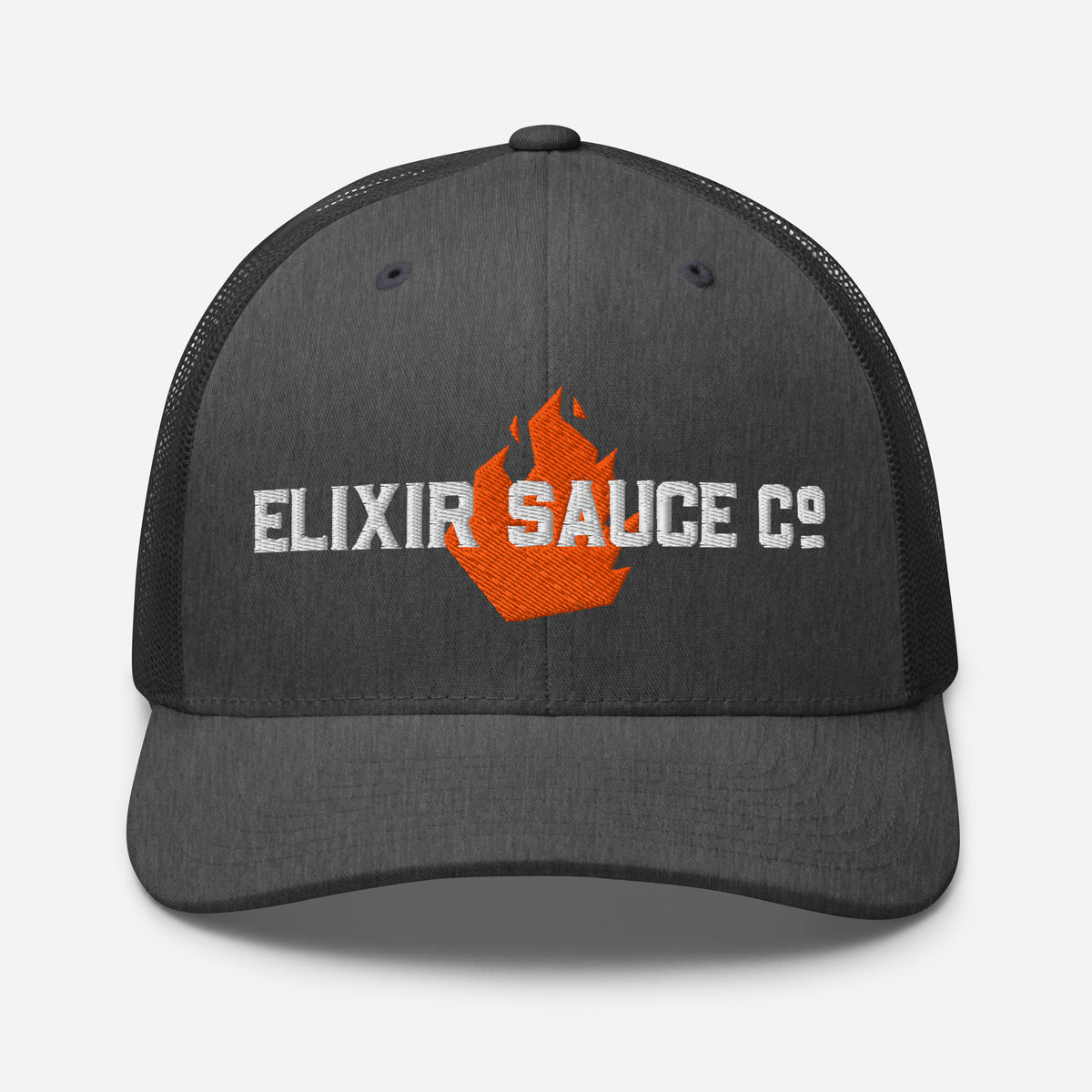 Elixir Sauce Co trucker hat in Dark Heather Gray with embroidered flame logo, front view
