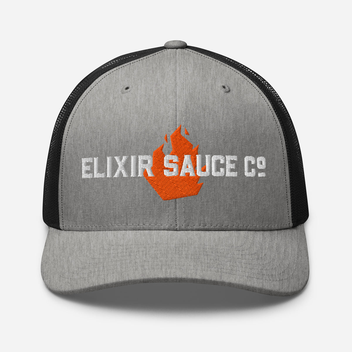 Elixir Sauce Co trucker hat in Heather and Black with embroidered flame logo, front view