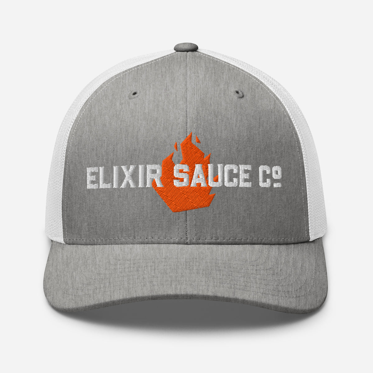Elixir Sauce Co trucker hat in Heather Grey and White with embroidered flame logo, front view