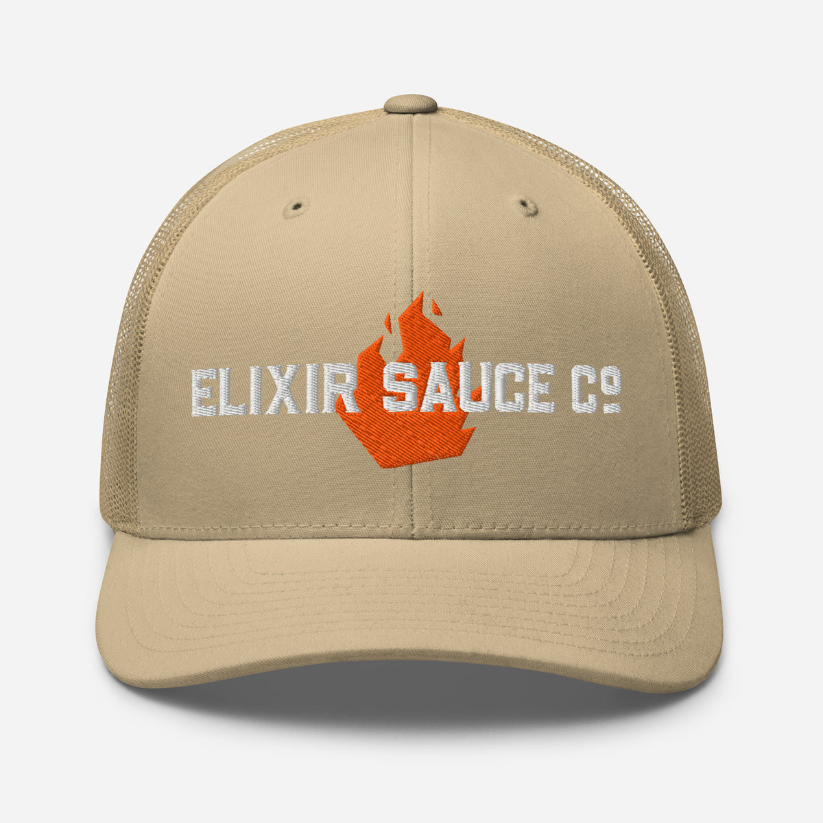 Elixir Sauce Co trucker hat in Khaki with embroidered flame logo, front view