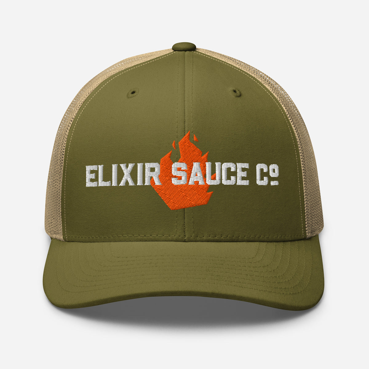 Elixir Sauce Co trucker hat in Moss and Khaki with embroidered flame logo, front view