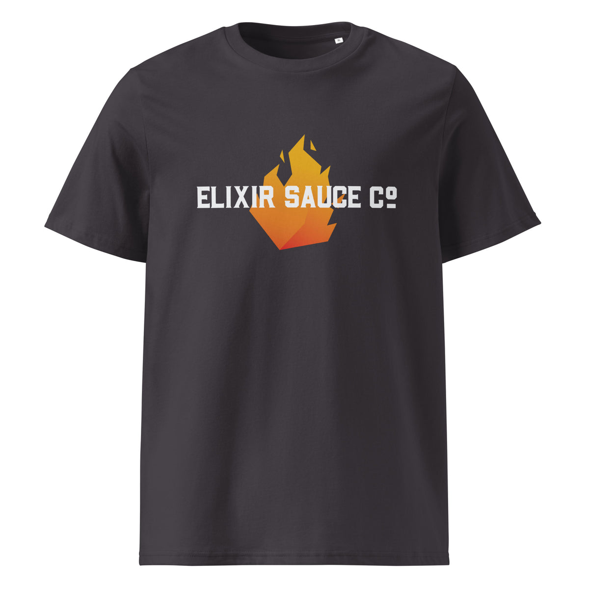 Elixir Sauce Co unisex t-shirt in Anthracite with flame logo, front view