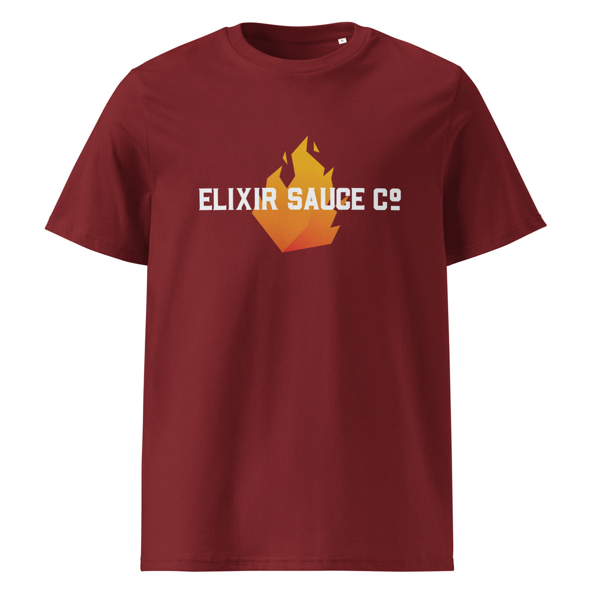 Elixir Sauce Co unisex t-shirt in Burgundy with flame logo, front view