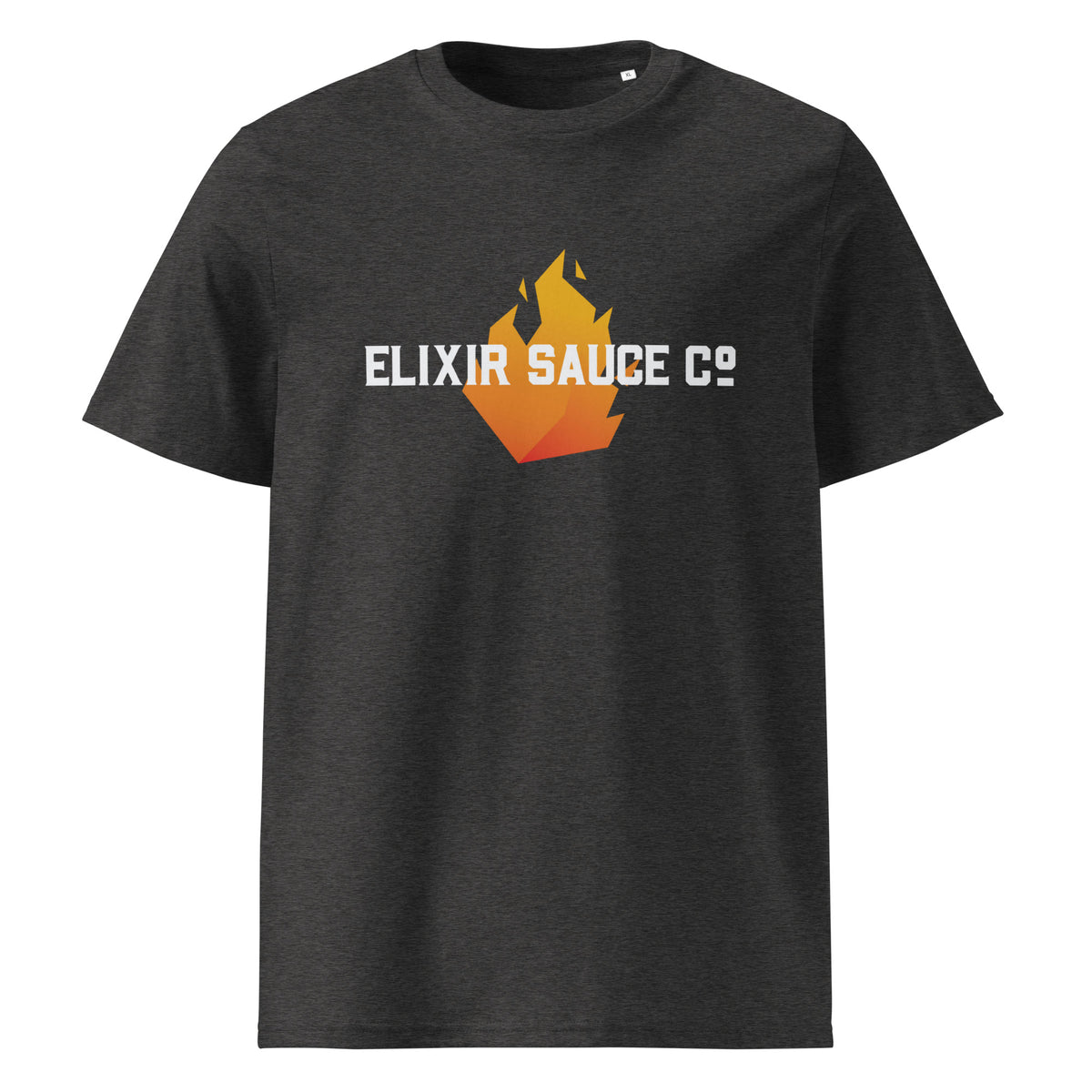 Elixir Sauce Co unisex t-shirt in Dark Heather Grey with flame logo, front view