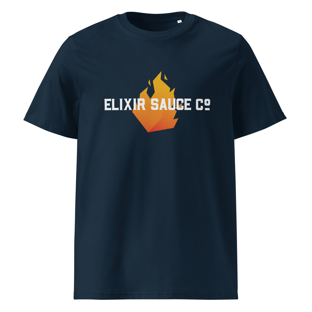 Elixir Sauce Co unisex t-shirt in French Navy with flame logo, front view