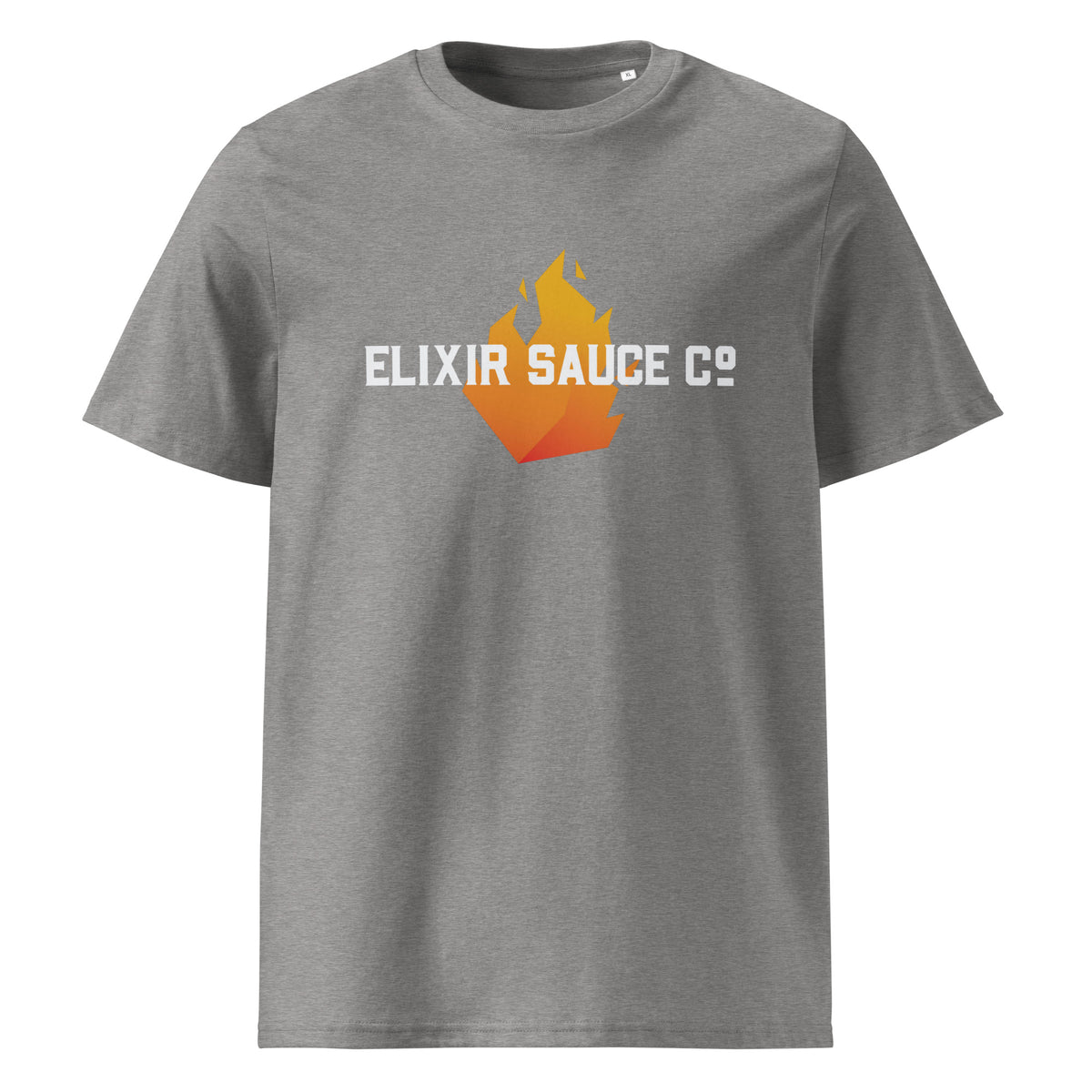 Elixir Sauce Co unisex t-shirt in Heather Grey with flame logo, front view