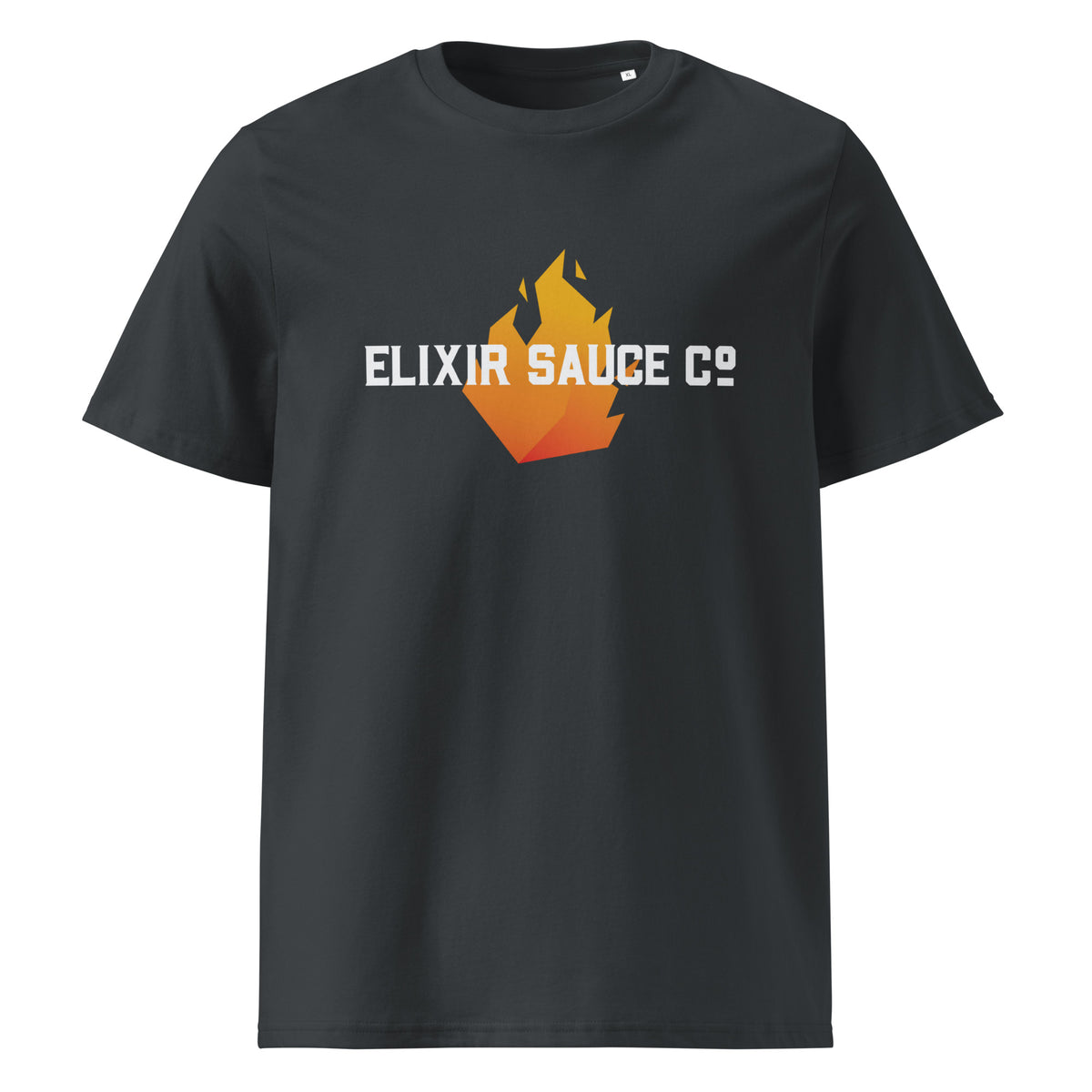 Elixir Sauce Co unisex t-shirt in India Ink Grey with flame logo, front view