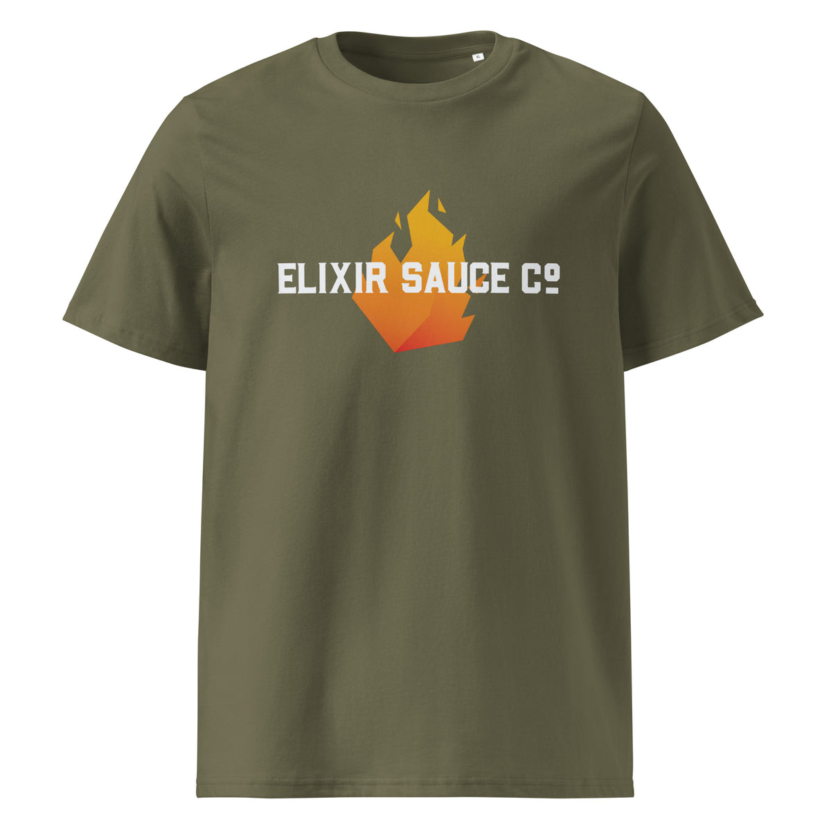 Elixir Sauce Co unisex t-shirt in Khaki with flame logo, front view