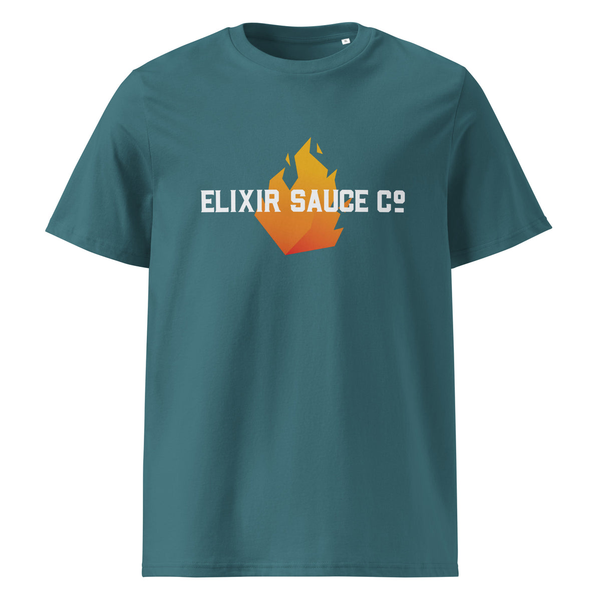 Elixir Sauce Co unisex t-shirt in Stargazer with flame logo, front view